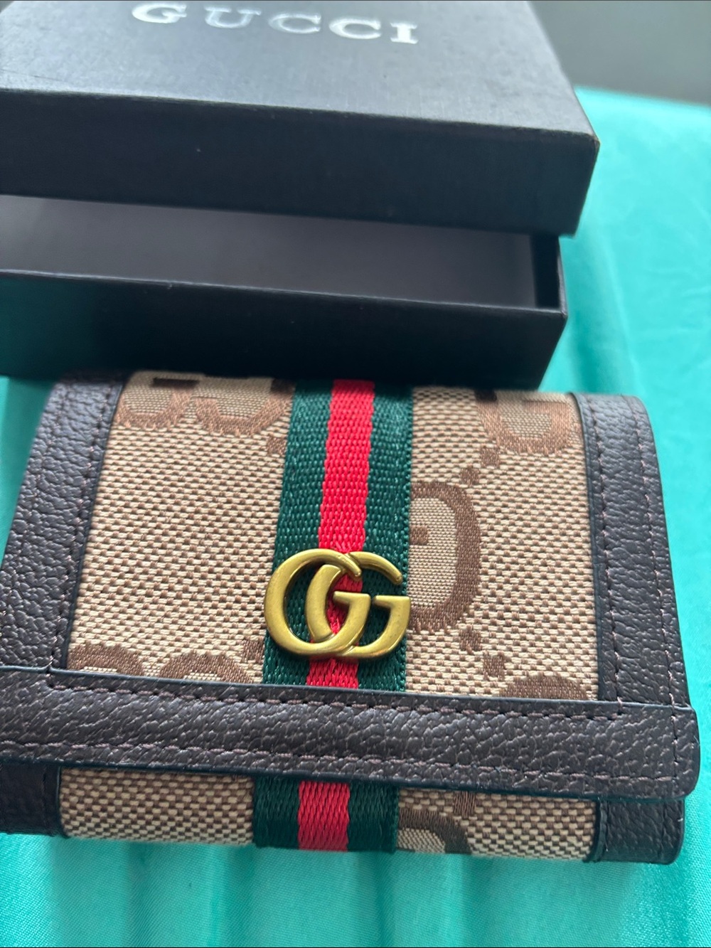 Gucci Brown GG Canvas Card Holder with Green-Red Web and Gold Double G - Picture 4 of 7